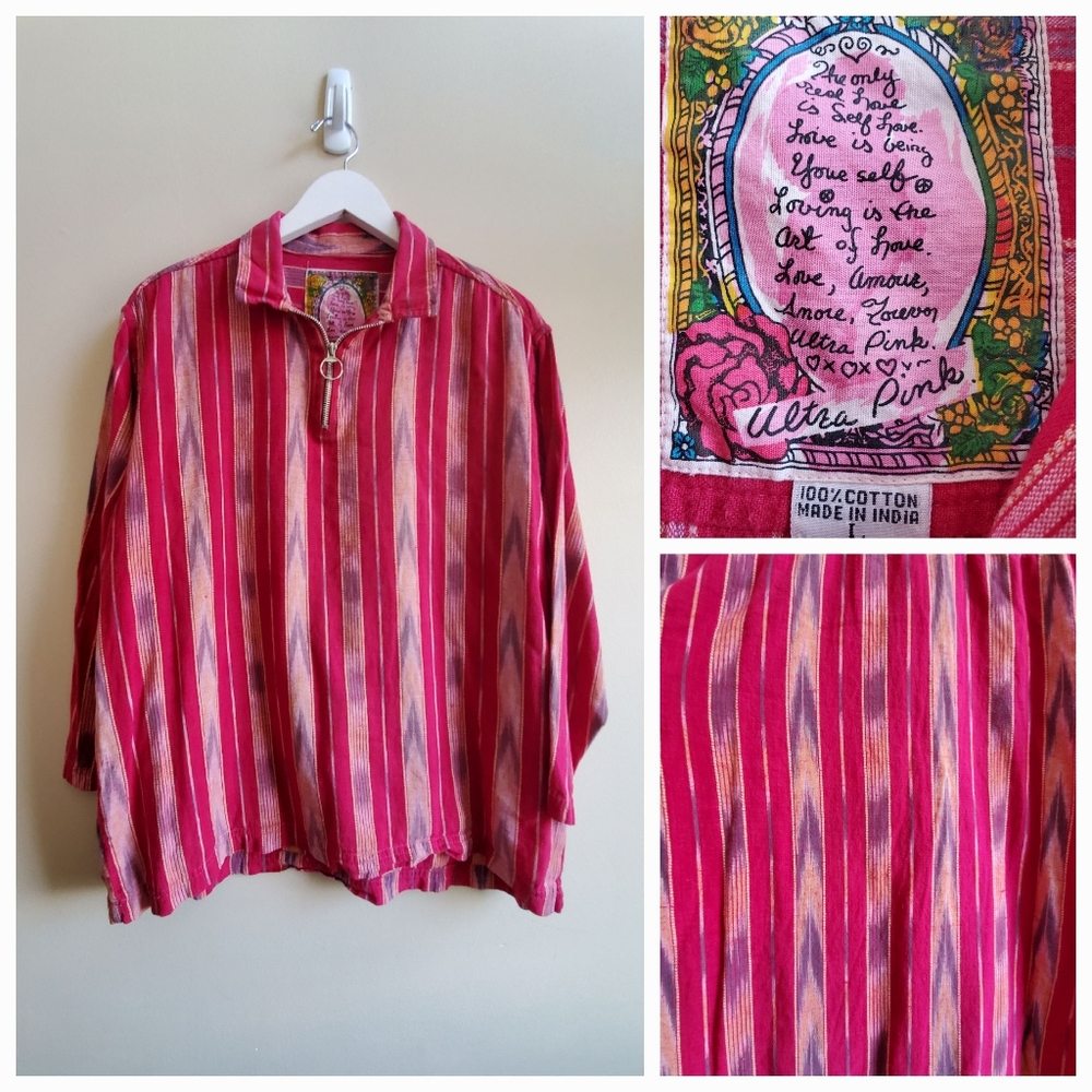 Ultra pink half zip top, unique fabric texture, large
